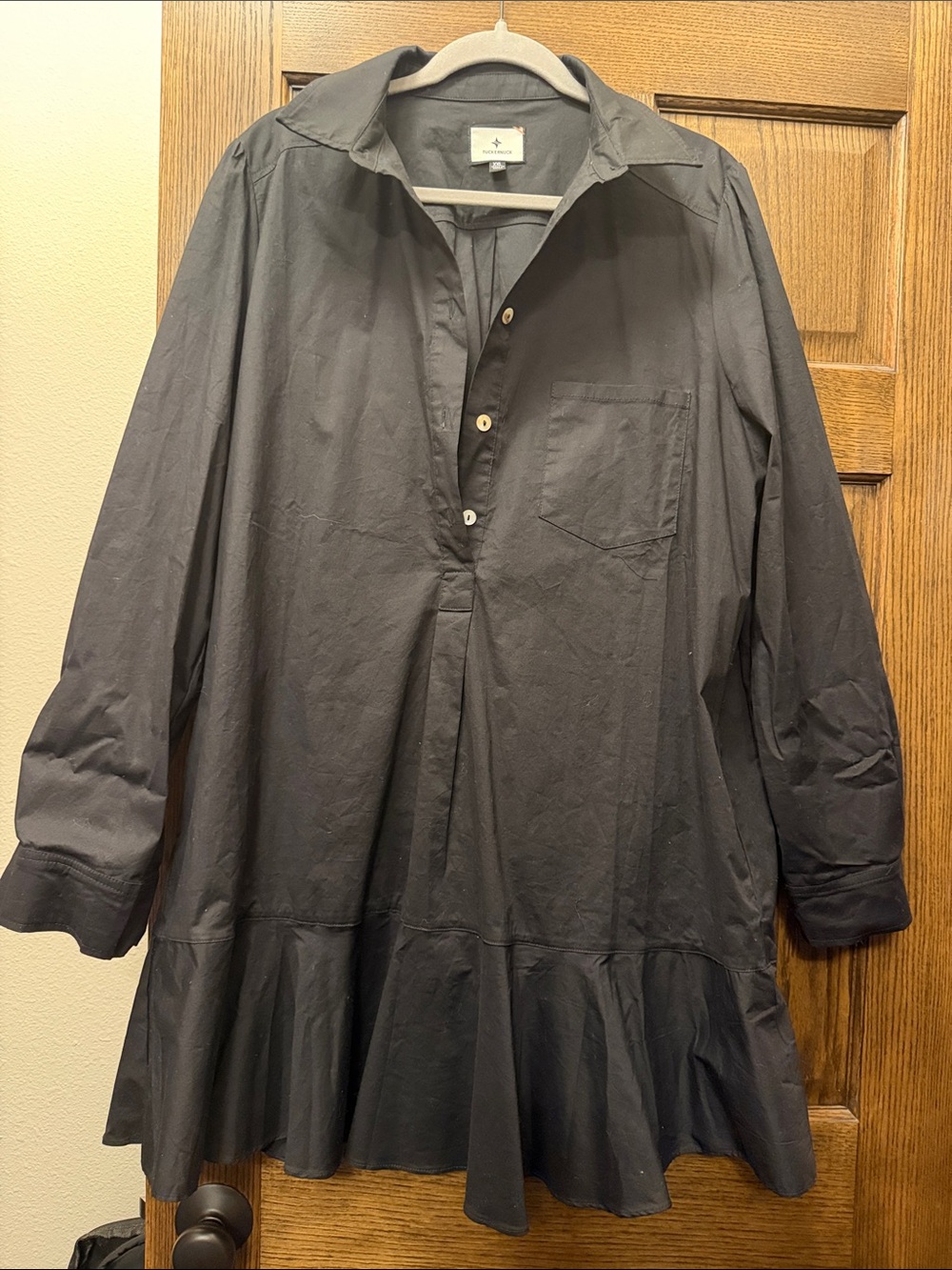 Tuckernuck Black Cotton Midi Shirt Dress with Ruffle Hem